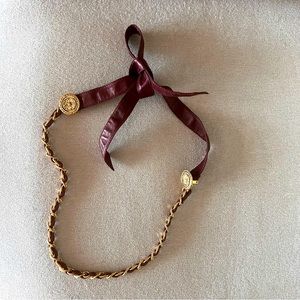 Authentic CHANEL Coco Mark Chain Belt Ribbon Belt Leather Maroon Ladies France
